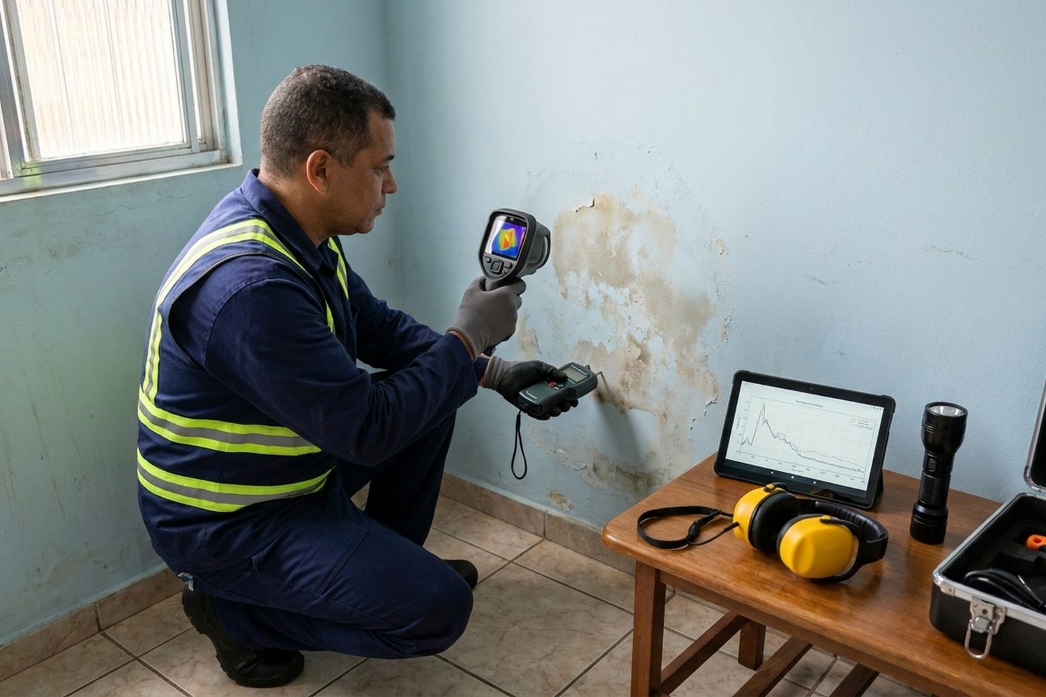 Técnico com câmera térmica e medidor de umidade em parede com infiltração